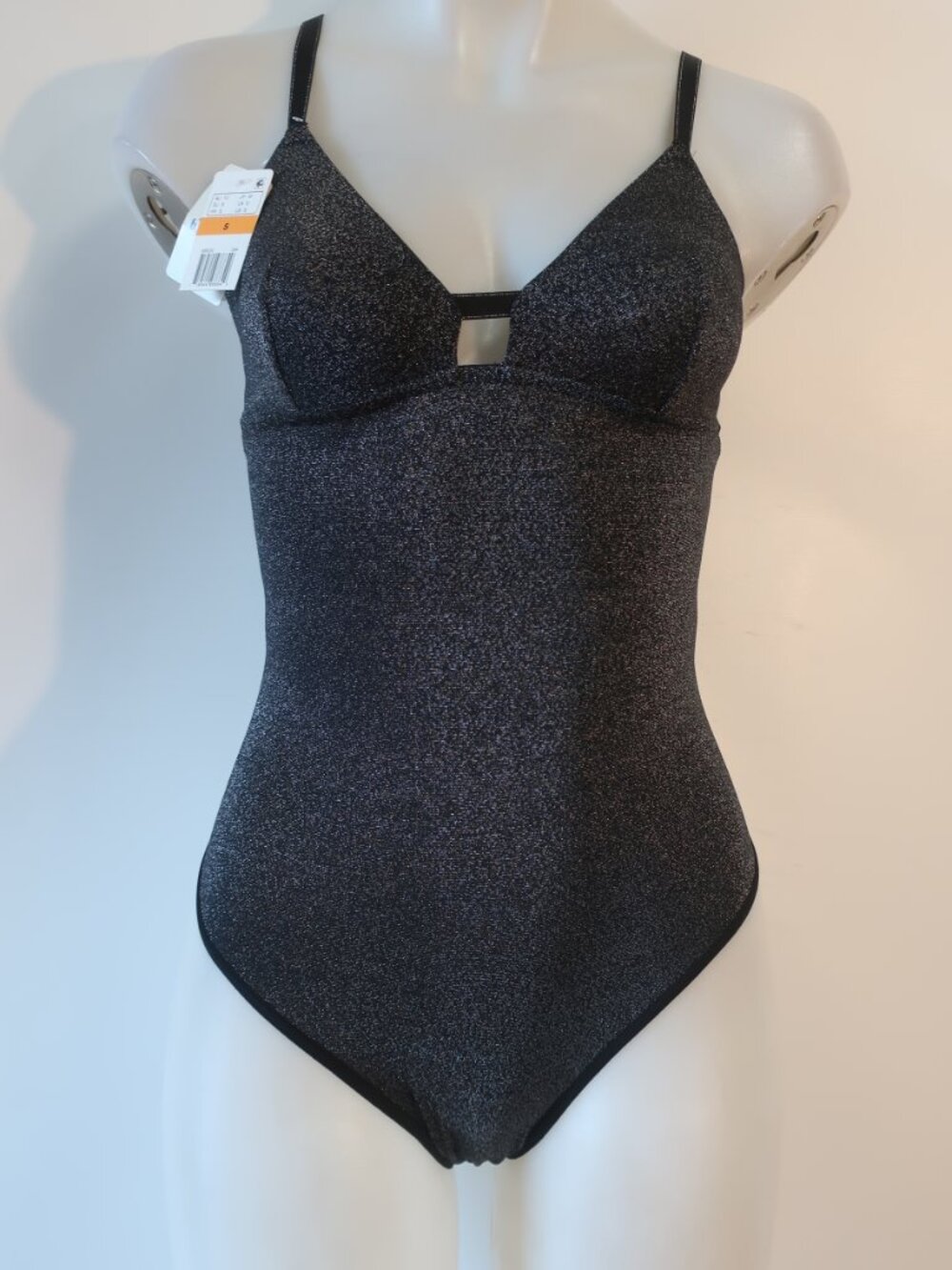 NWT Womens B. Tempt’D (Item- 45) Black Metallic Strappy Thong Bodysuit Top S